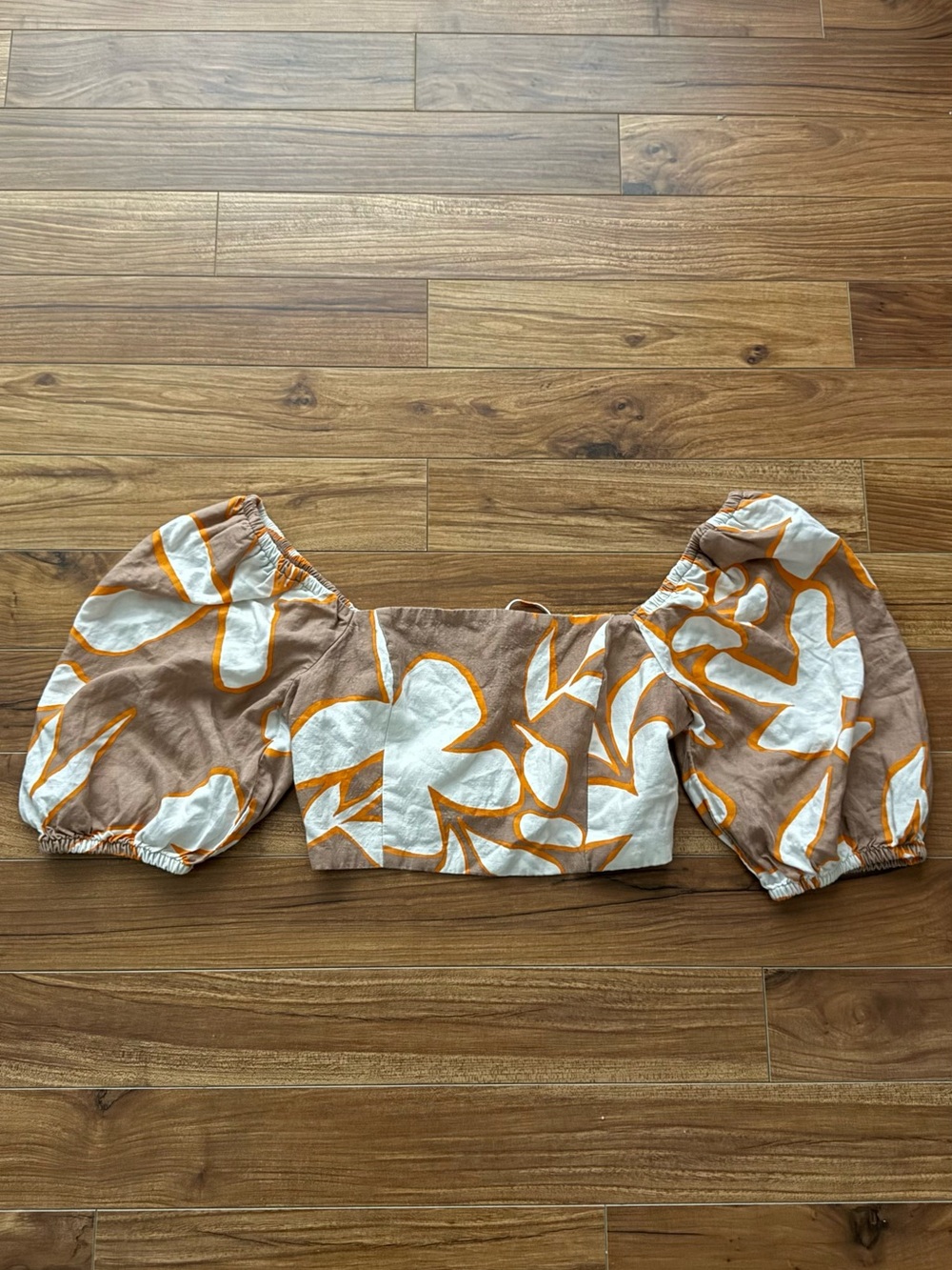 Dynamite Brown White Abstract Floral Puff Sleeve Crop Top Size M